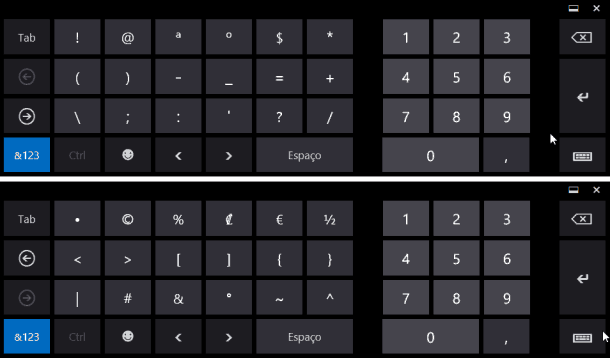 teclado touch símbolos e números