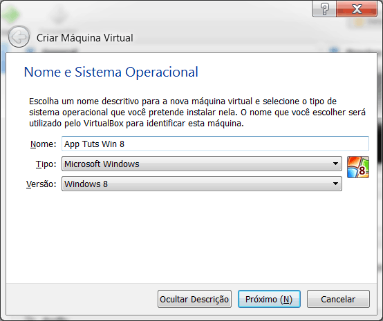 Windows 8 no Virtual Box criação da máquina virtual