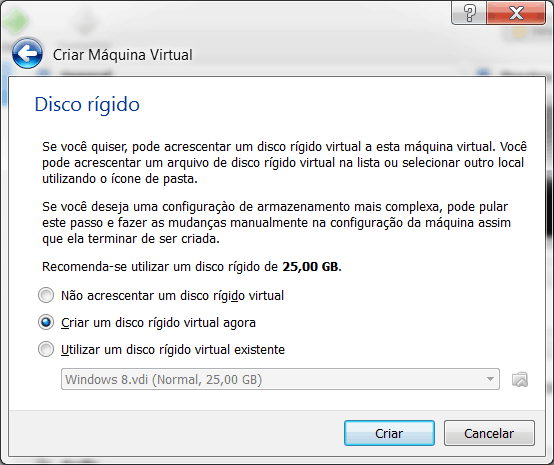 Windows 8 no Virtual Box criar o disco virtual