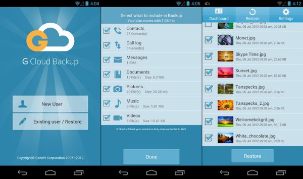 GCloud backup apps for android 
