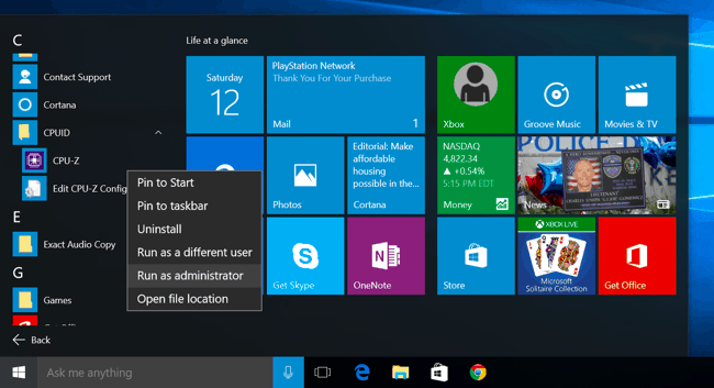 windows 10 with start menu open