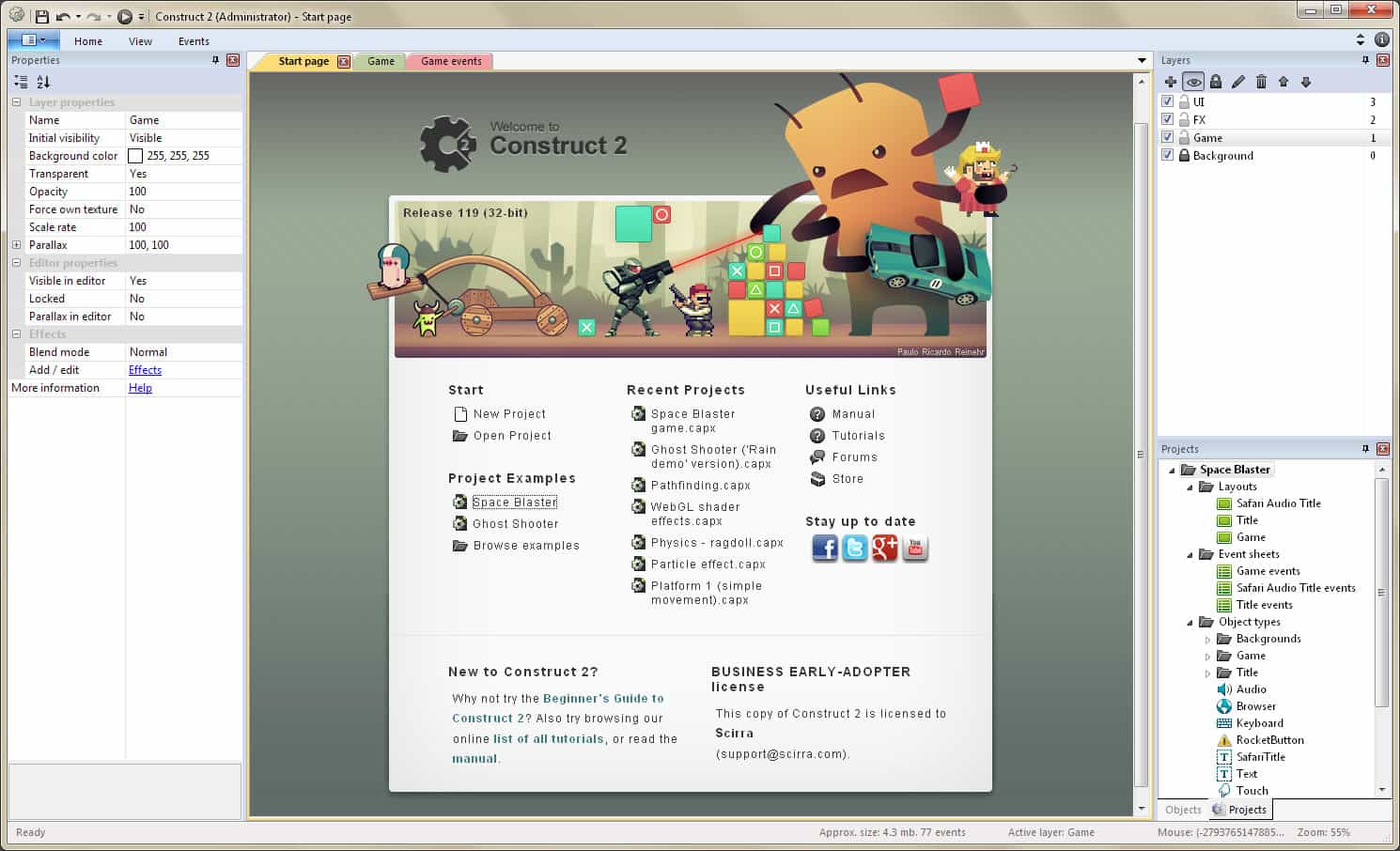 Construct 3 home screen, one of the best game design software