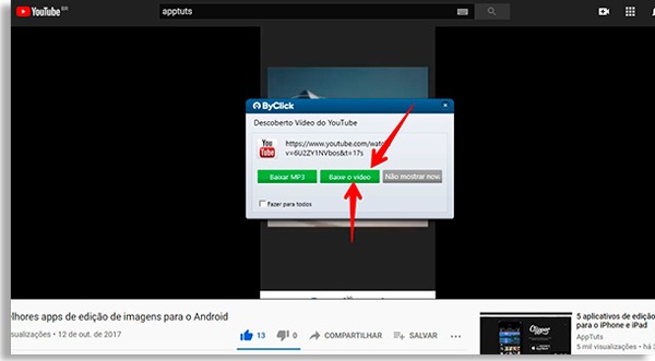 tela do youtube sobreposta pelo byclick downloader, com setas vermelhas apontando para o botão verde dizendo "baixar vídeo"