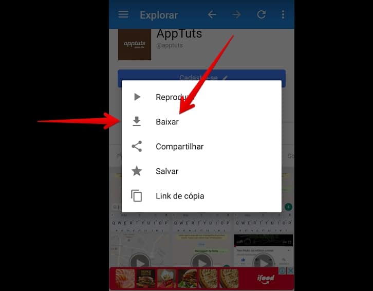 tela do video downloader escurecida com menu sobreposto e setas vermelhas apontando para o botão baixar