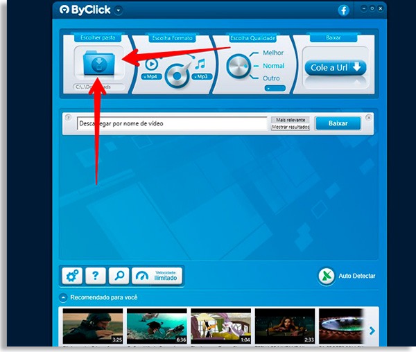 tela do byclick downloader com setas vermelhas apontando para ícone em forma de pasta
