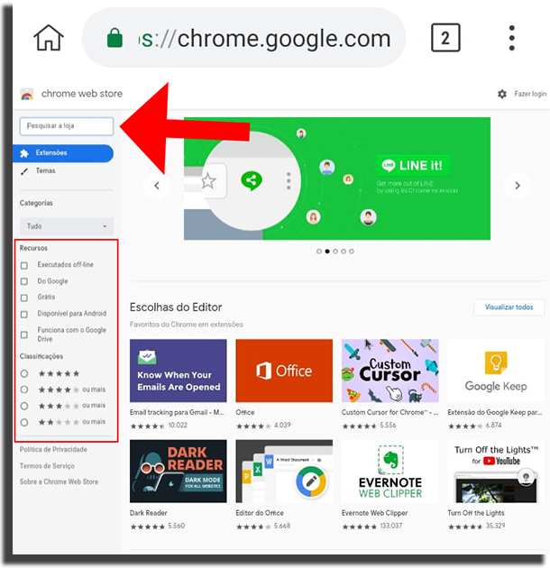 Página de extensões do Google Chrome