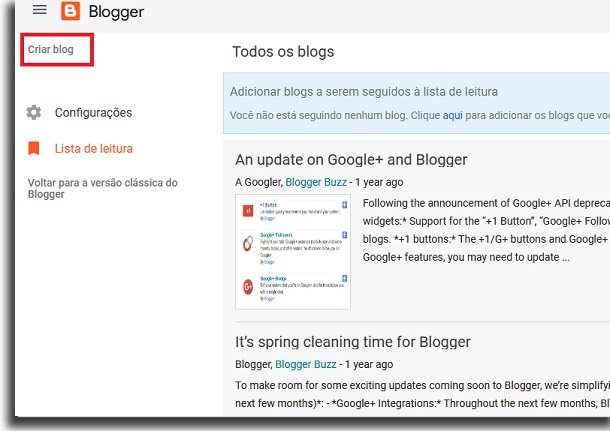 tela inicial do blogger com caixa vermelha destacando o botão "criar blog", que também possibilita criar seu próprio site grátis