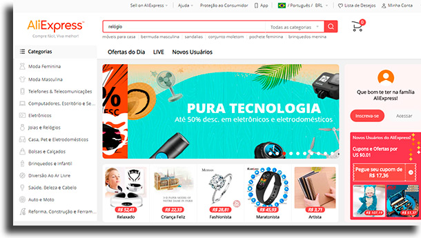 página inicial comprar os produtos brasileiros no AliExpress 