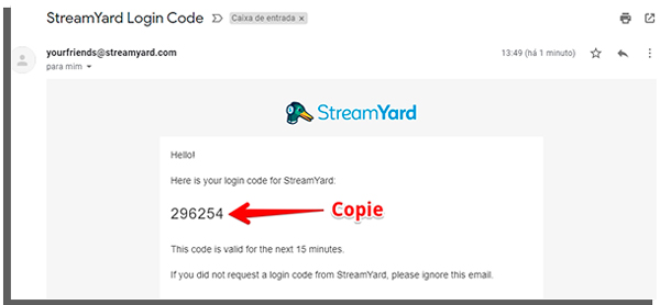 receba o codigo do streamyard por email