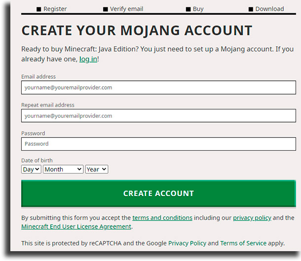 create account play Minecraft for free