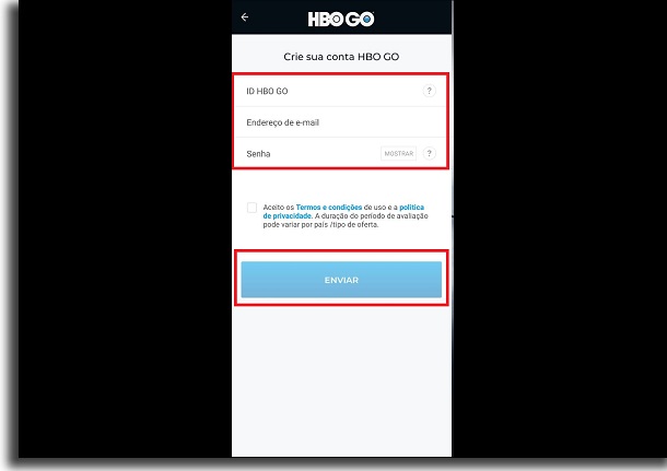 criar conta na HBO Go dados