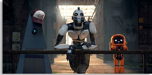 três robôs da animação amor, morte e robôs