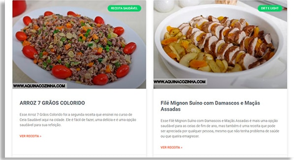 tela do site aqui na cozinha, mostrando duas receitas saudáveis para a sobremesa, uma do lado da outra