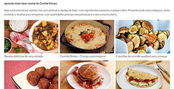 captura de tela do site de receitas saudáveis receita da hora, mostrando diversos pratos e sobremesas