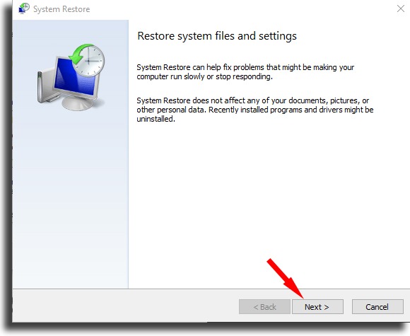 Start process System Restore on Windows 10 