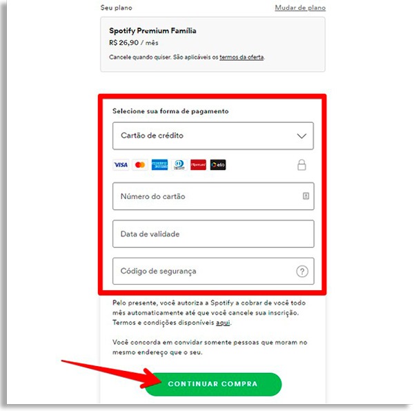 tela do spotify onde dados de pagamento devem ser inseridos. Caixa de borda vermelha destacando os campos onde deve colocar seus dados