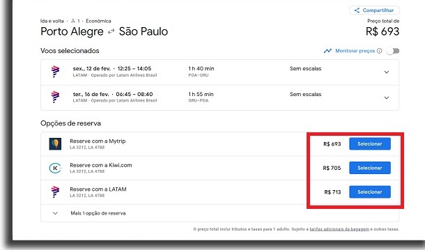 passagens aéreas no google voos selecionar preço