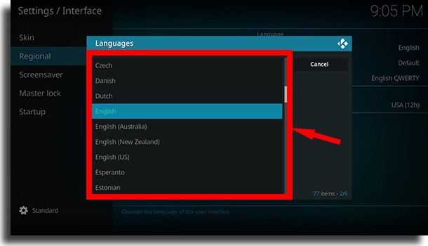 Select your preferred language use Kodi on Android