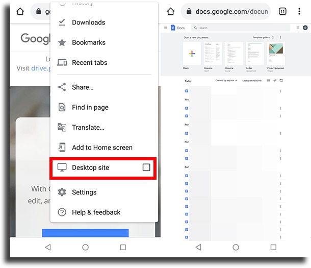Desktop site android check edit history in Google Docs