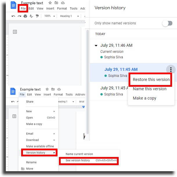 restore this version edit history in Google Docs