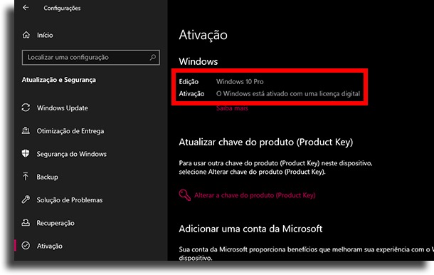ativação Windows 10 está ativado
