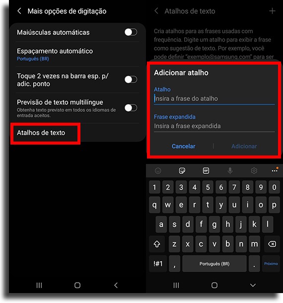adicionando o atalho no teclado samsung criar atalhos de texto no Android