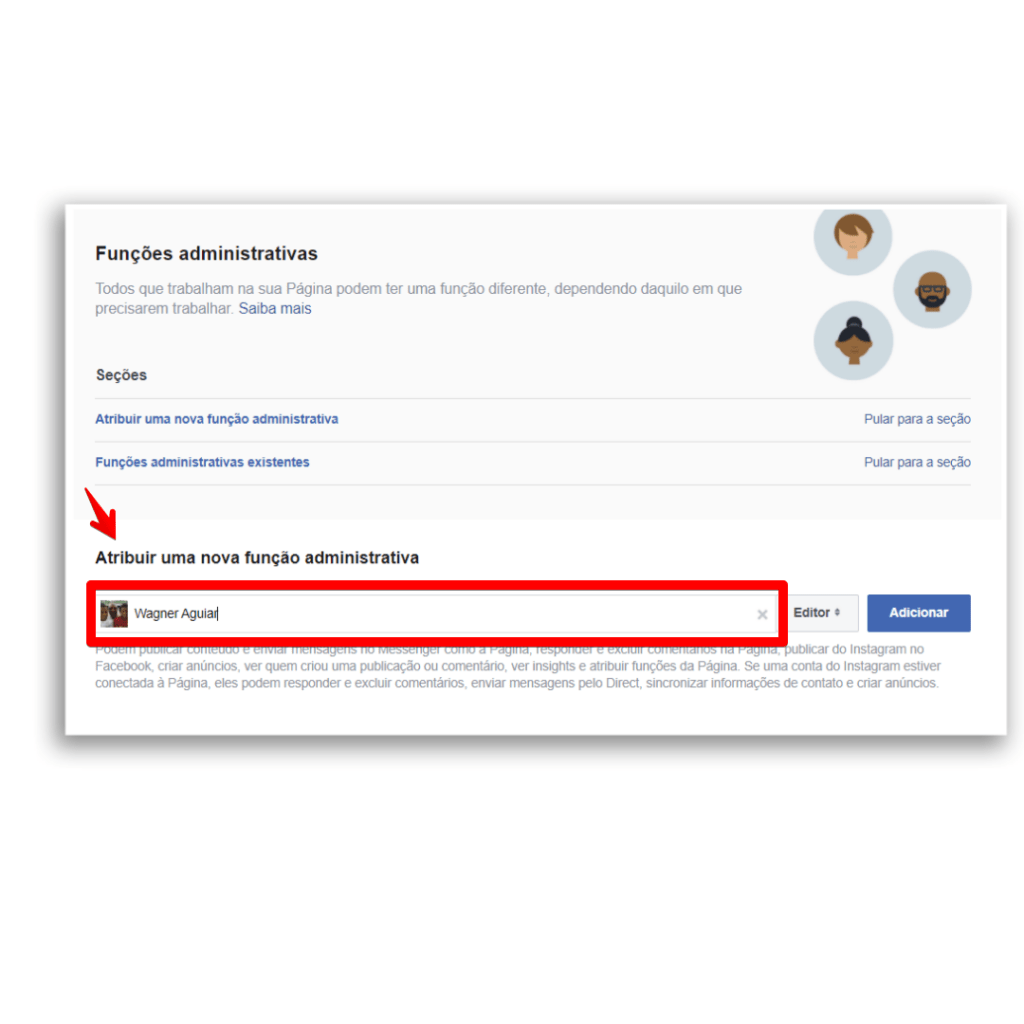 adicionar administrador facebook atribuir função