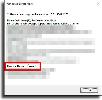 check if Windows 10 is activated by seeing License Status: licensed 