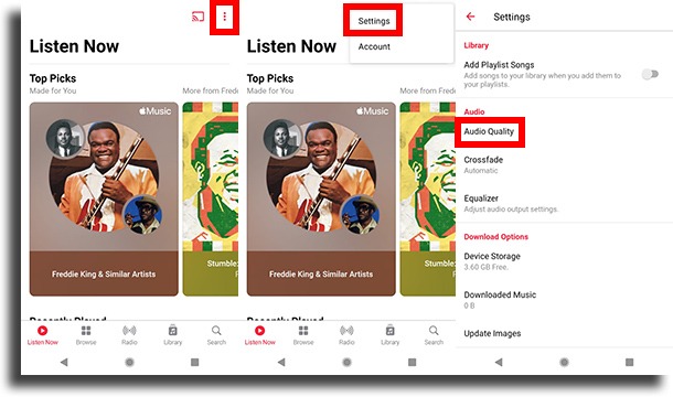 navigate to audio quality on android Apple Music lossless