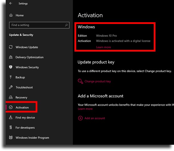 activation status in settings check if Windows 10 is activated