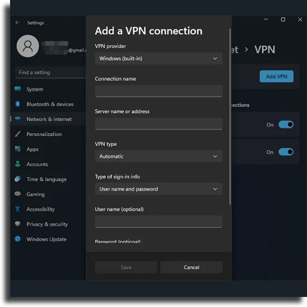 add vpn connection VPN on Windows 11