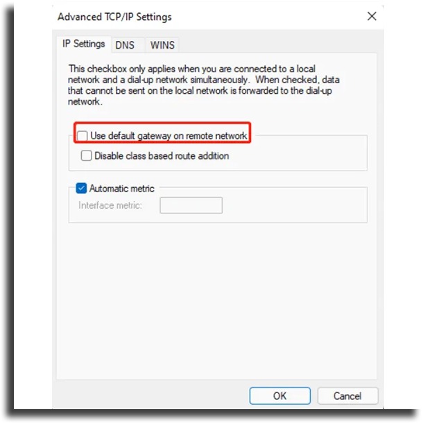 disable use default gateway VPN on Windows 11