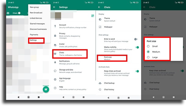 change whatsapp font size on Android